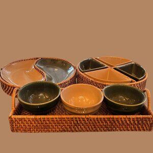 Vintage Essex Stoneware Basket Rattan Serving Bowls Party Earthy Artsy Set